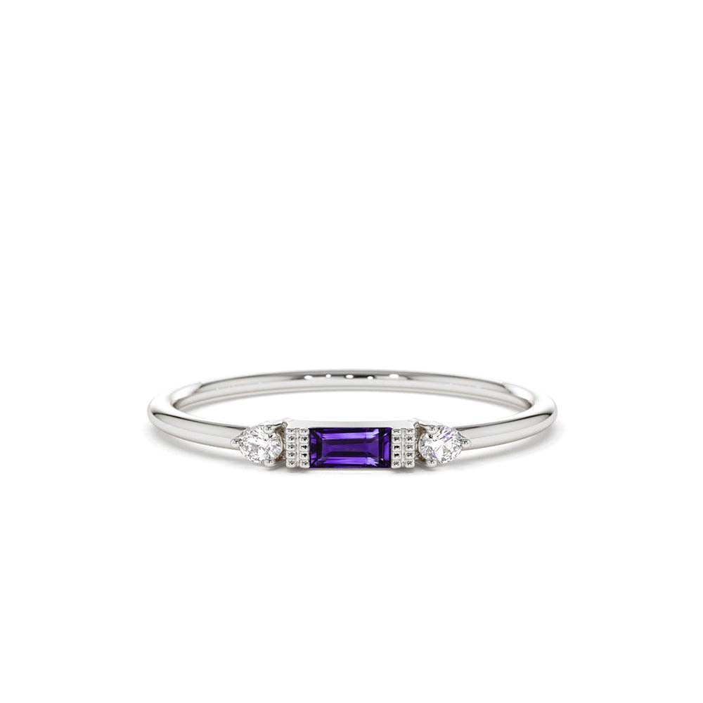 Baguette Amethyst With Diamond Ring in 14K Gold — view 2