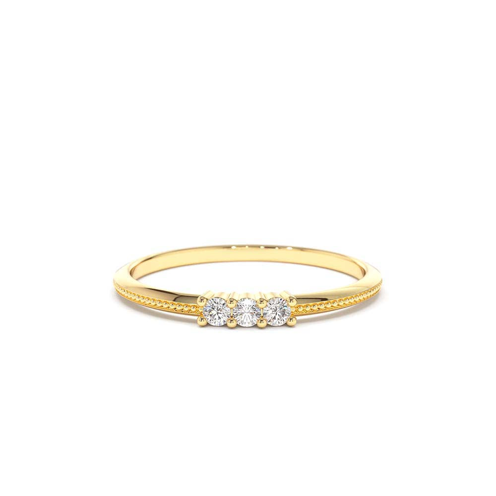 3 Stone Beaded Diamond Ring in 14K Gold — view 1