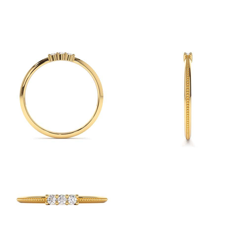3 Stone Beaded Diamond Ring in 14K Gold — view 3