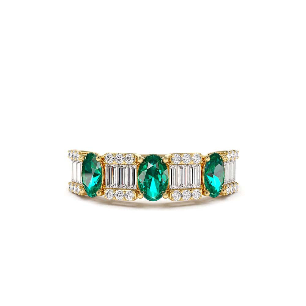 Baguette & Round Diamond with Genuine Emerald Ring in 14K Gold — view 1