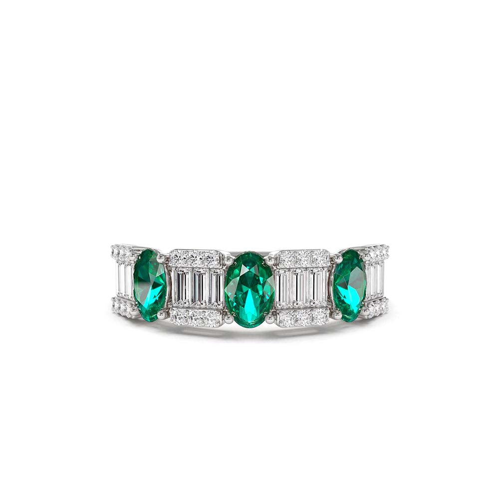 Baguette & Round Diamond with Genuine Emerald Ring in 14K Gold — view 4