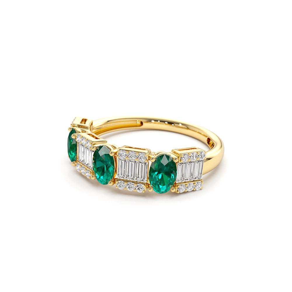Baguette & Round Diamond with Genuine Emerald Ring in 14K Gold — view 2