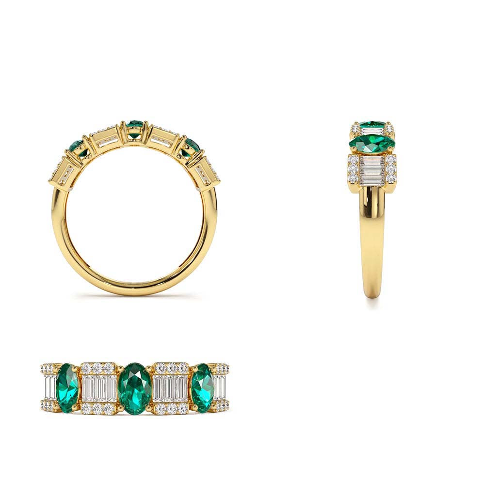 Baguette & Round Diamond with Genuine Emerald Ring in 14K Gold — view 3