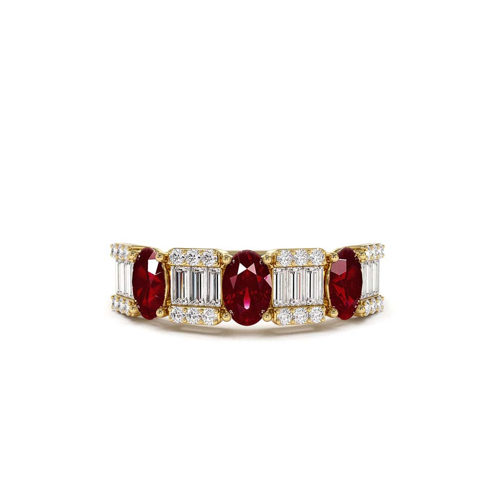 Baguette & Round Diamond with Genuine Ruby Ring in 14K Gold — view 1