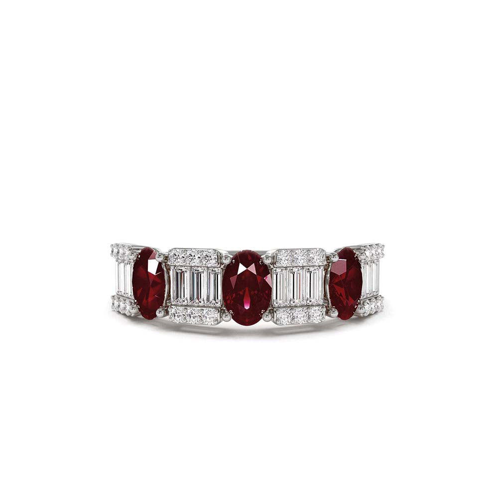 Baguette & Round Diamond with Genuine Ruby Ring in 14K Gold — view 4