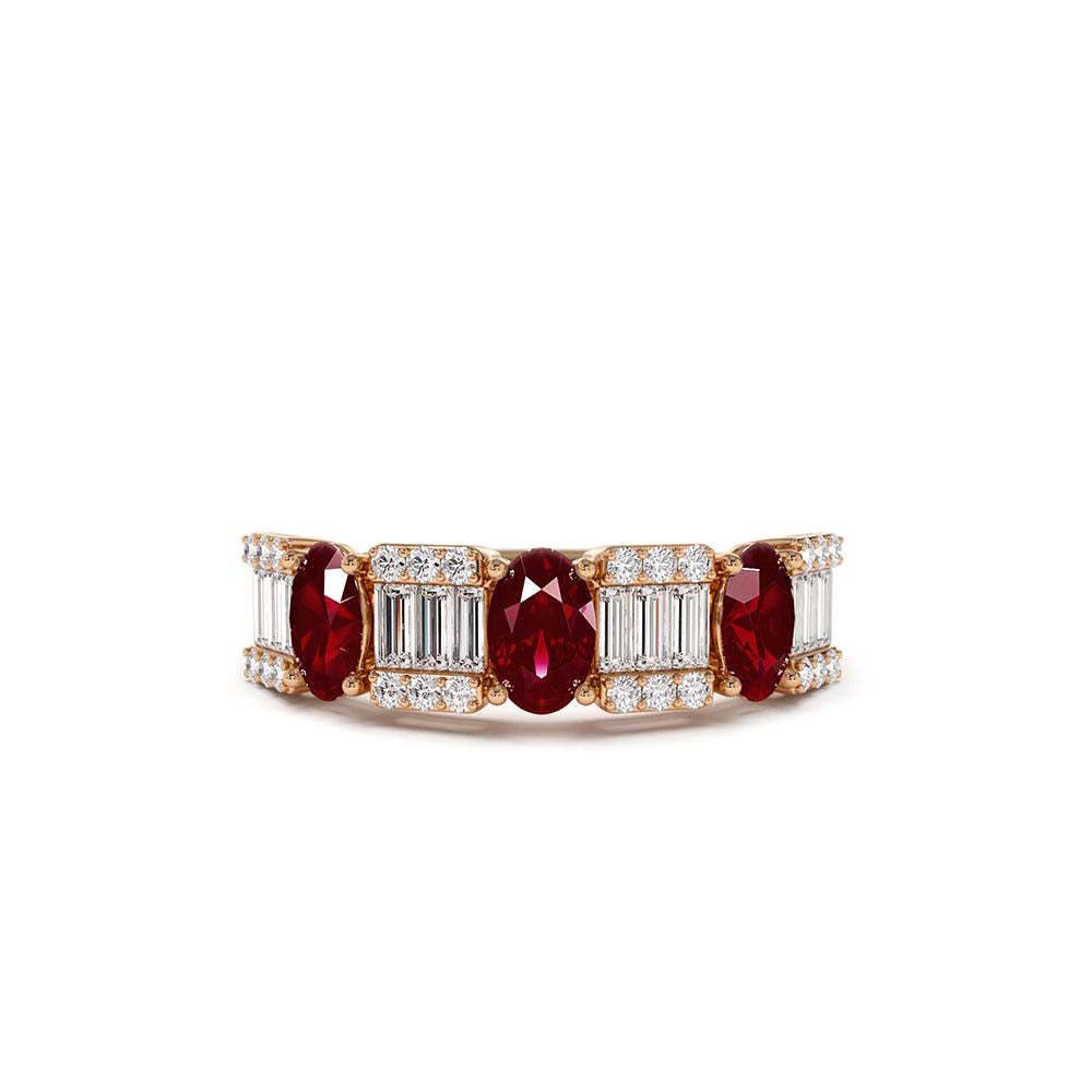 Baguette & Round Diamond with Genuine Ruby Ring in 14K Gold — view 5