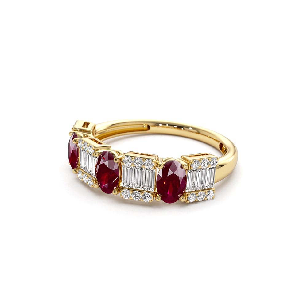 Baguette & Round Diamond with Genuine Ruby Ring in 14K Gold — view 2
