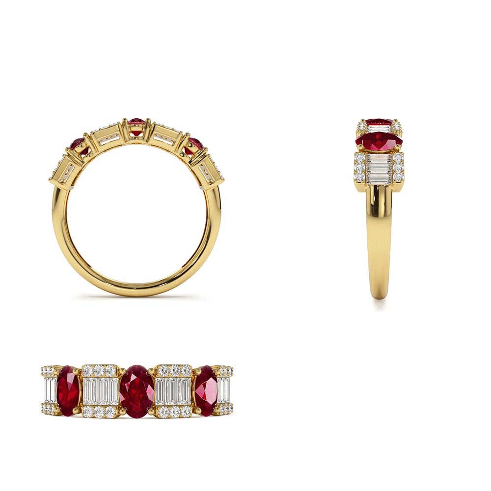 Baguette & Round Diamond with Genuine Ruby Ring in 14K Gold — view 3