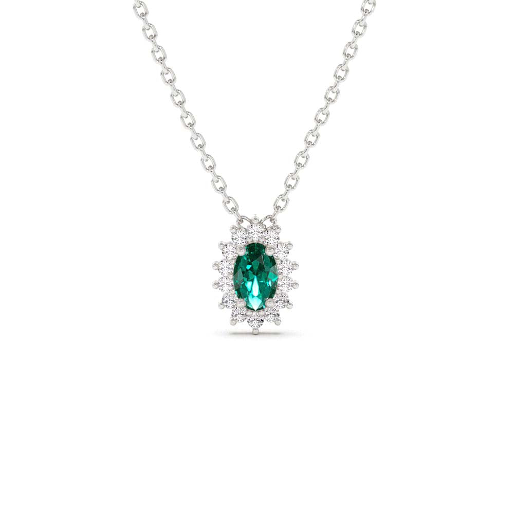 Emerald Necklace with Halo Diamonds in 14K Gold — view 3