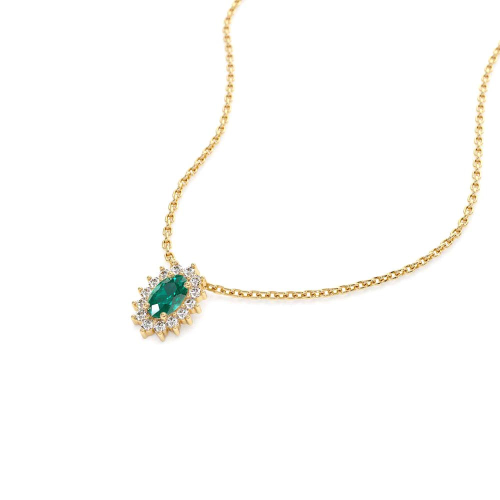 Emerald Necklace with Halo Diamonds in 14K Gold — view 2