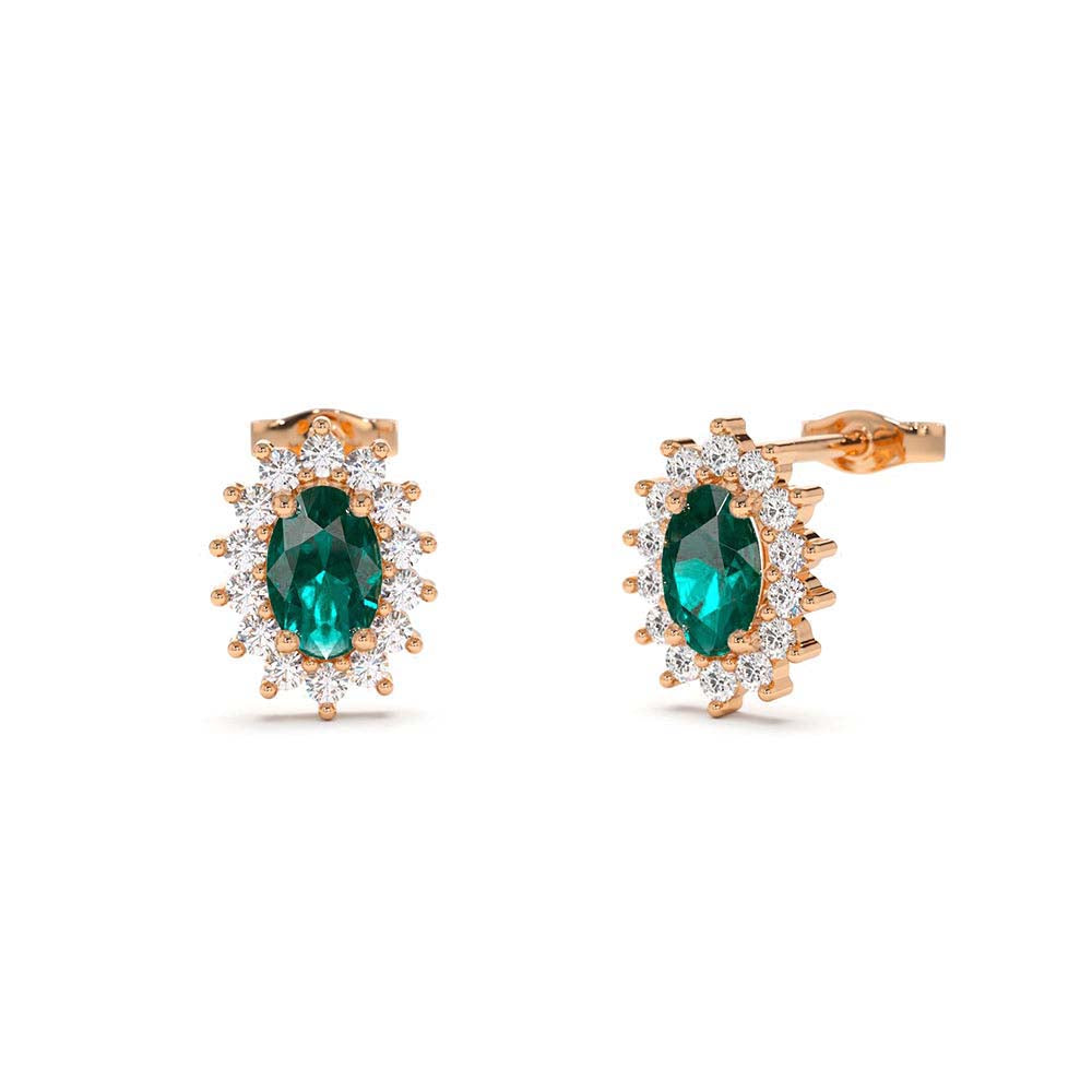 Emerald Earrings with Halo Diamonds in 14K Gold — view 4