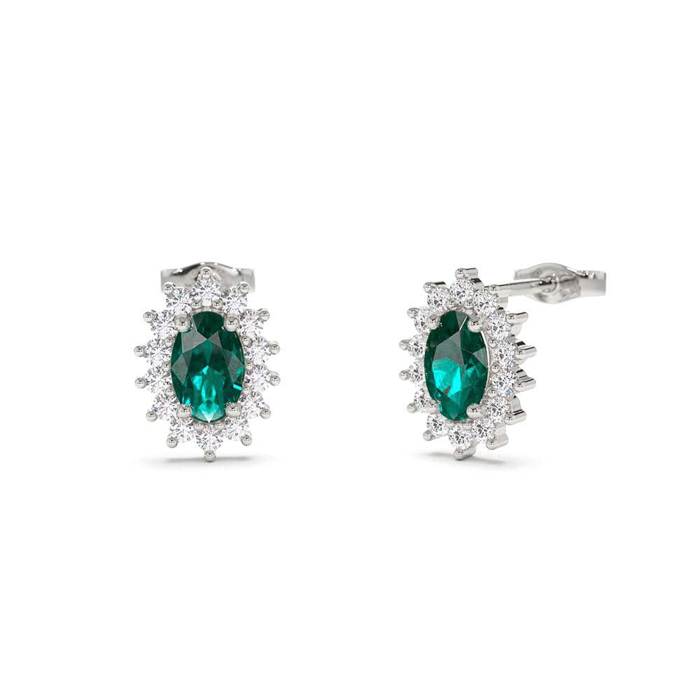 Emerald Earrings with Halo Diamonds in 14K Gold — view 3