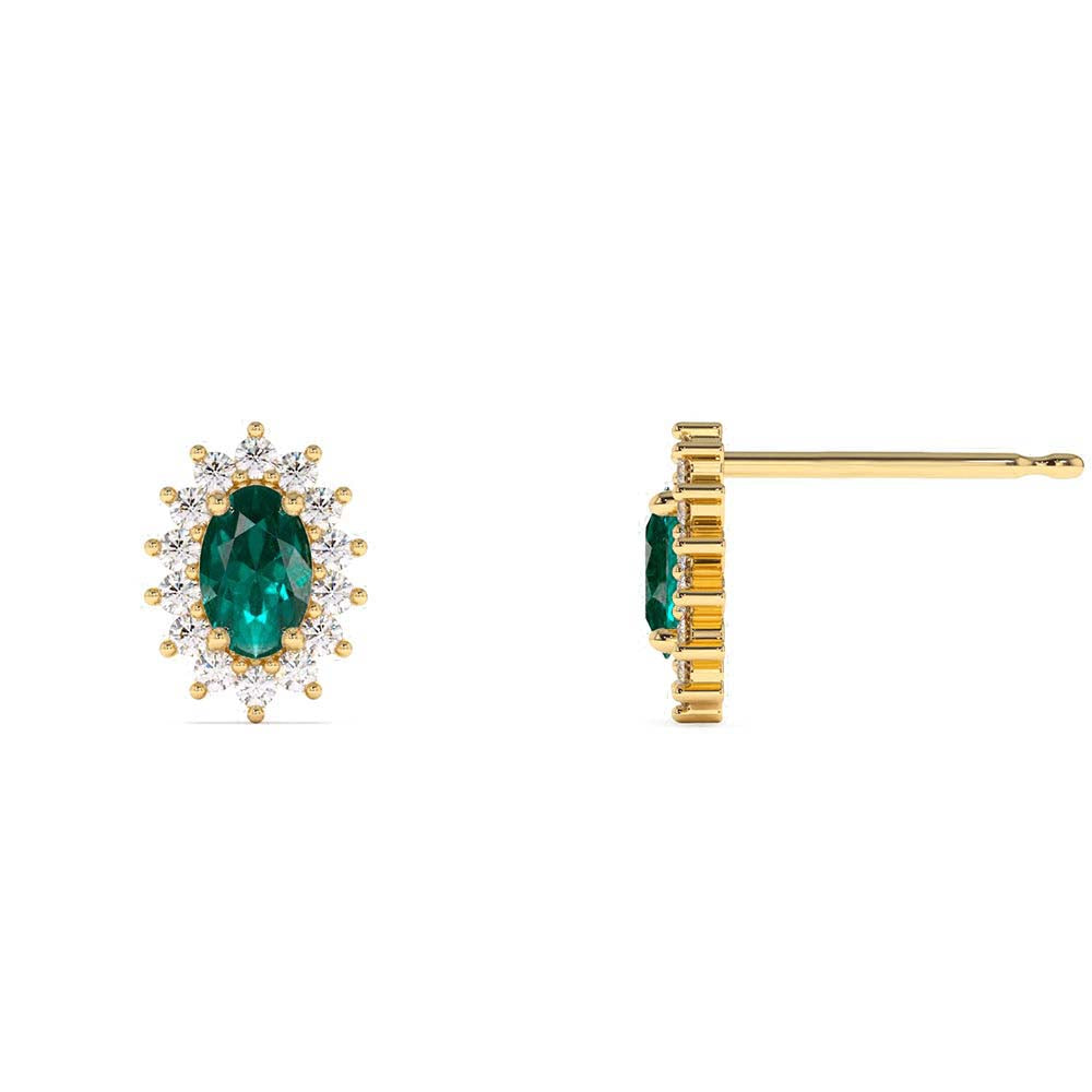 Emerald Earrings with Halo Diamonds in 14K Gold — view 2
