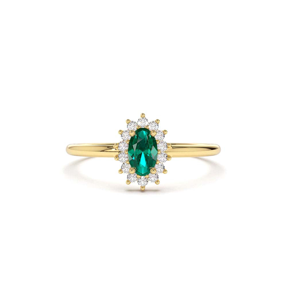 Emerald Ring with Halo Diamonds in 14K Gold — view 1