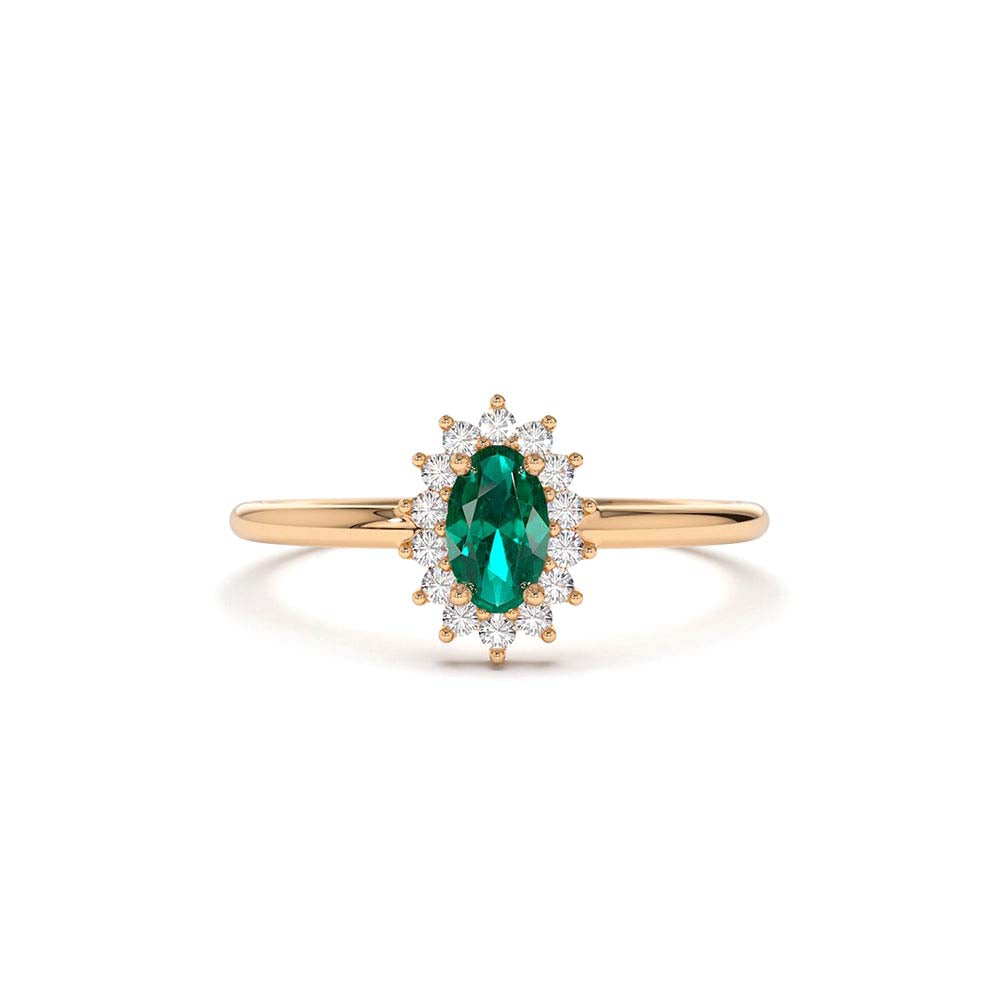 Emerald Ring with Halo Diamonds in 14K Gold — view 5
