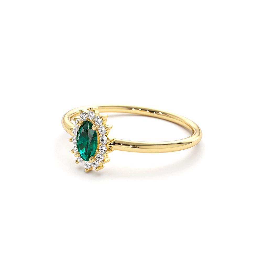 Emerald Ring with Halo Diamonds in 14K Gold — view 2