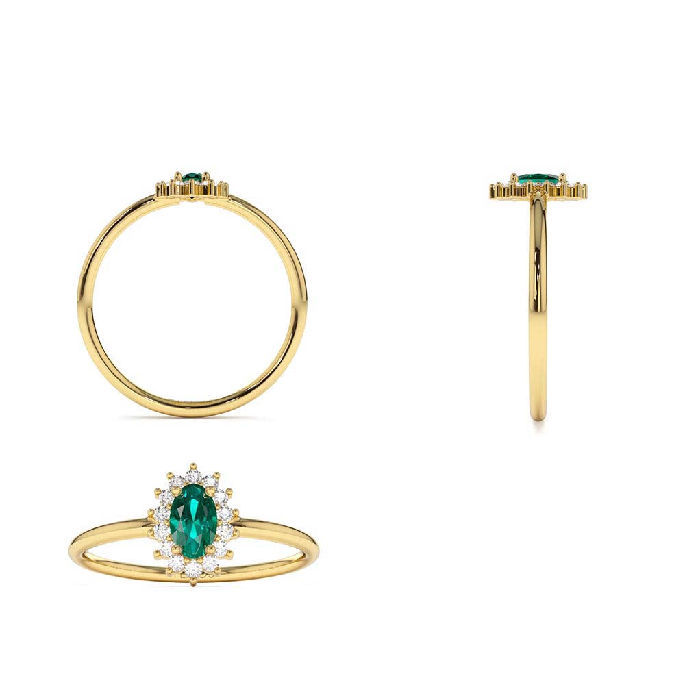 Emerald Ring with Halo Diamonds in 14K Gold — view 3