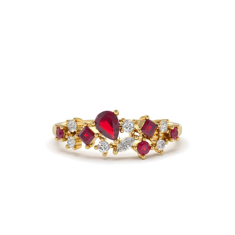 Ruby and Diamond Mixed Shape Cluster Ring in 14K Gold — view 1