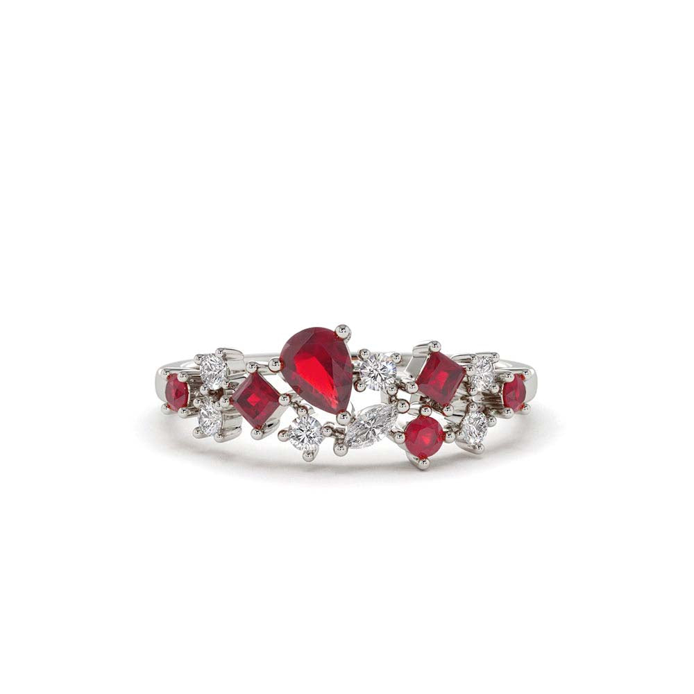 Ruby and Diamond Mixed Shape Cluster Ring in 14K Gold — view 4