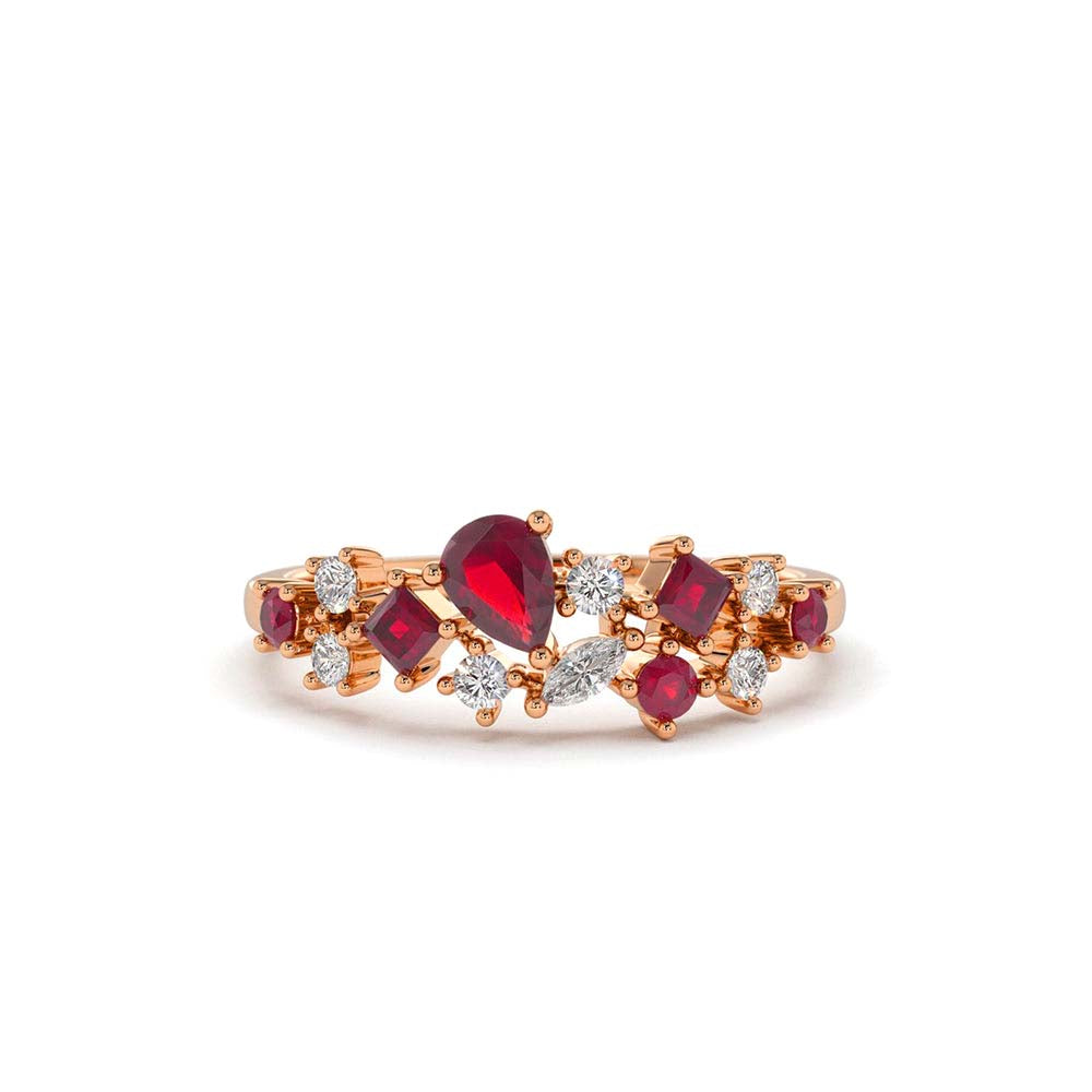 Ruby and Diamond Mixed Shape Cluster Ring in 14K Gold — view 5