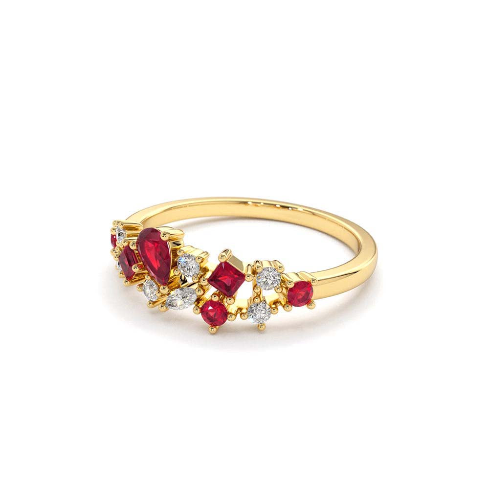 Ruby and Diamond Mixed Shape Cluster Ring in 14K Gold — view 2