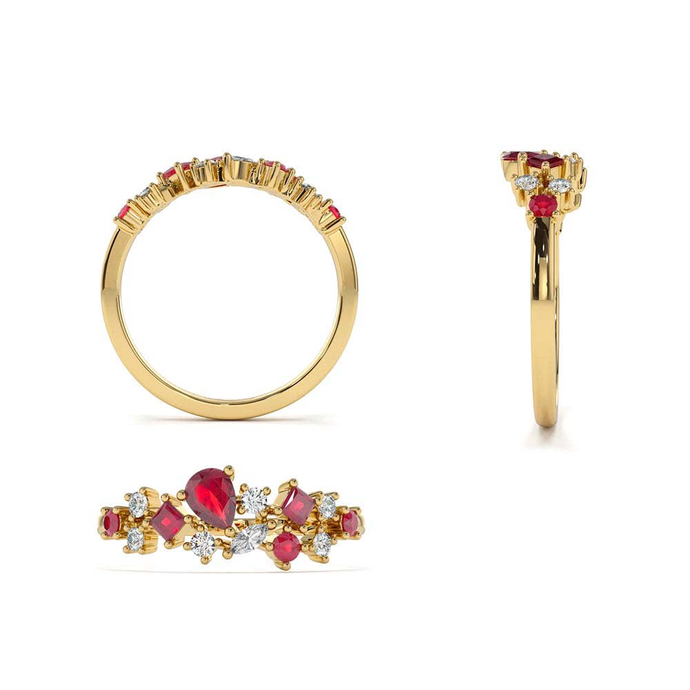 Ruby and Diamond Mixed Shape Cluster Ring in 14K Gold — view 3