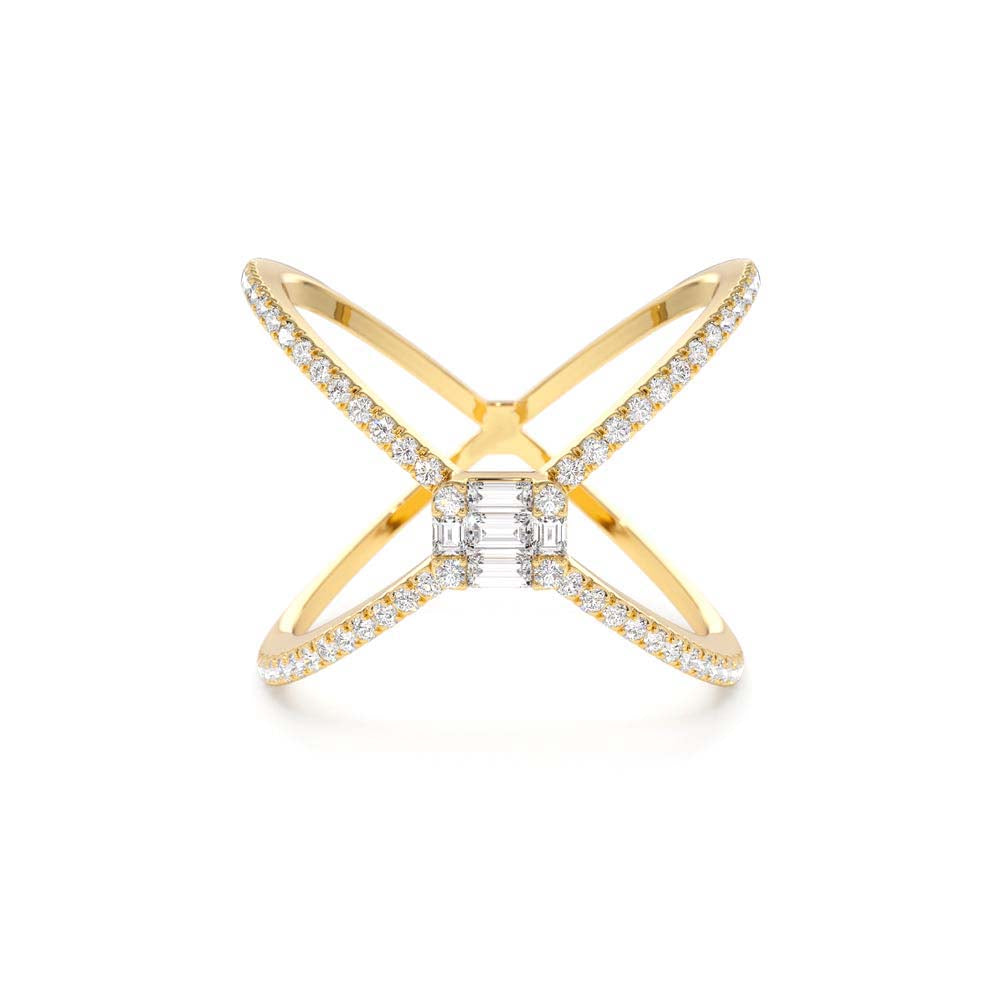 Baguette and Round Diamond Illusion Setting Statement Ring in 14K Gold — view 1