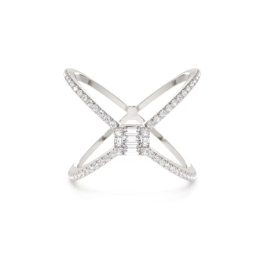Baguette and Round Diamond Illusion Setting Statement Ring in 14K Gold — view 4