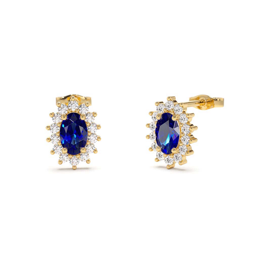 Oval Cut Blue Sapphire Earrings with Diamonds in 14K Gold — view 1