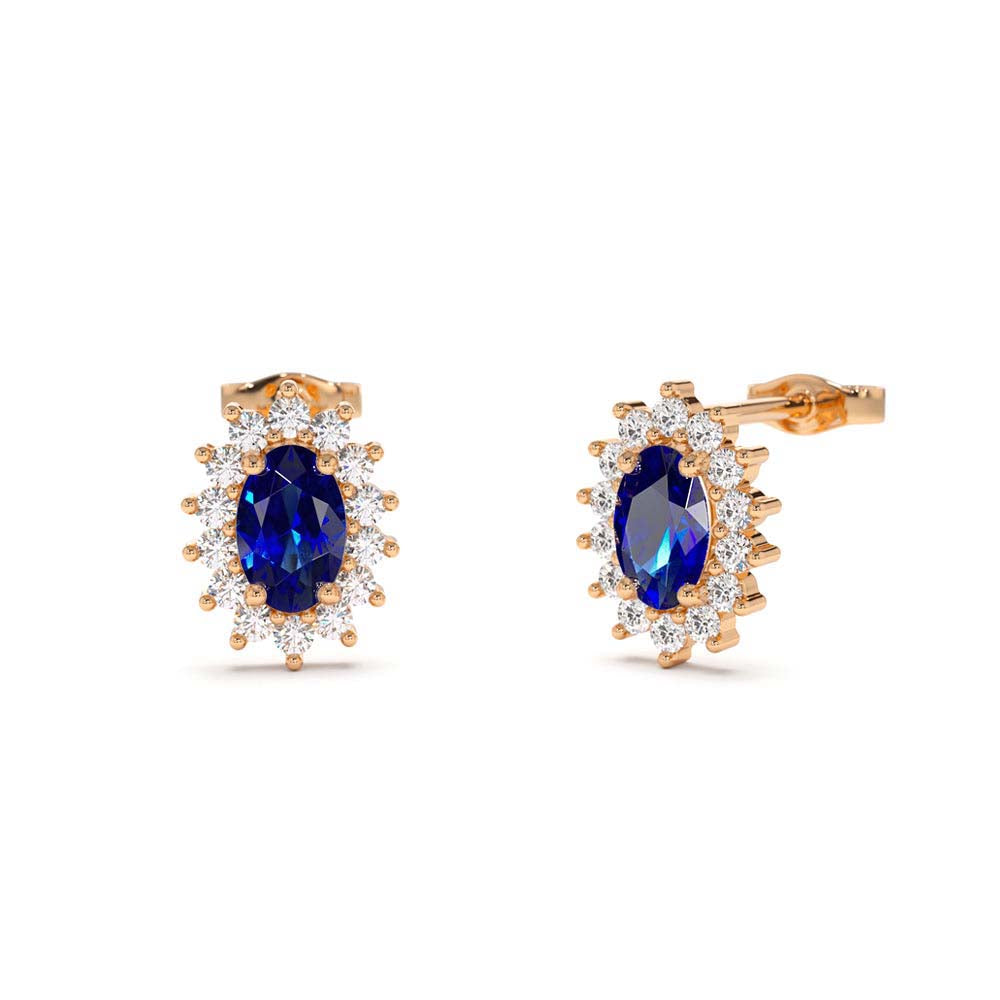 Oval Cut Blue Sapphire Earrings with Diamonds in 14K Gold — view 4