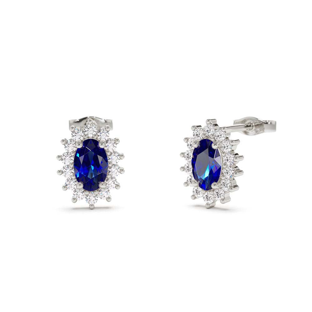 Oval Cut Blue Sapphire Earrings with Diamonds in 14K Gold — view 3