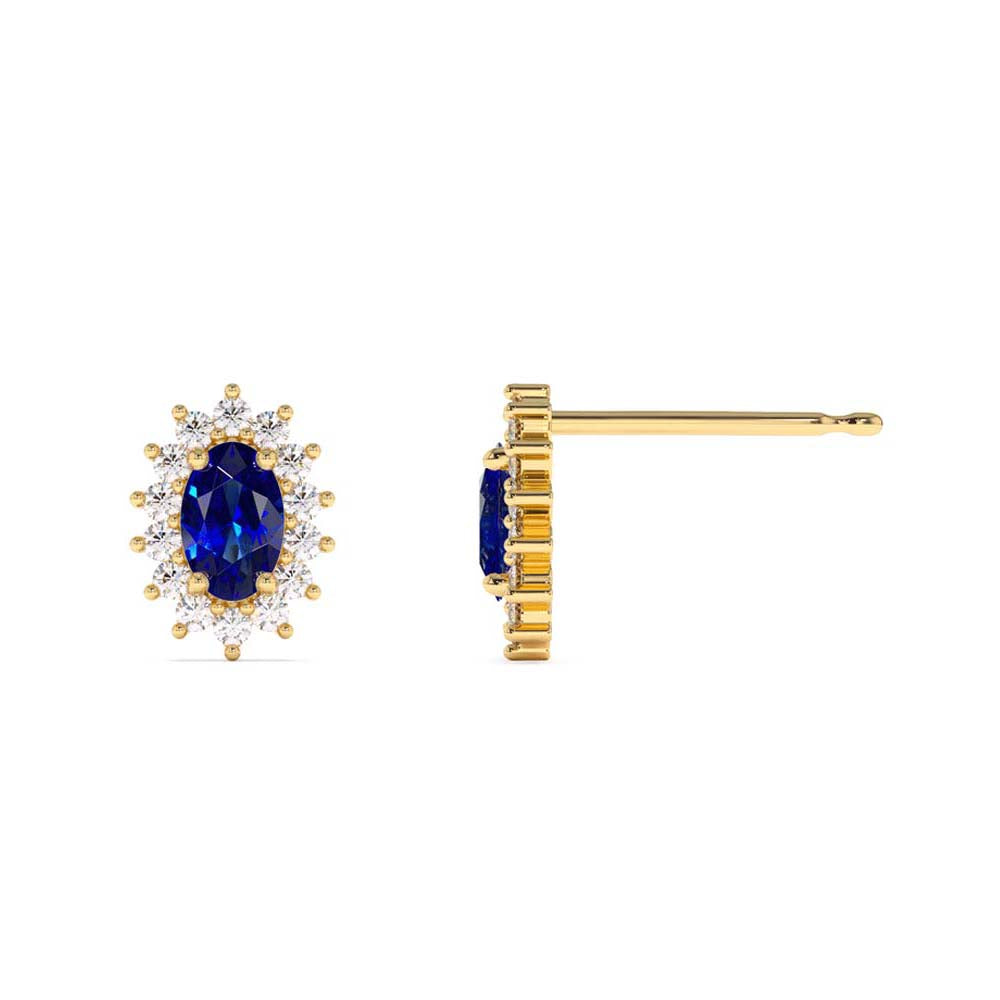 Oval Cut Blue Sapphire Earrings with Diamonds in 14K Gold — view 2