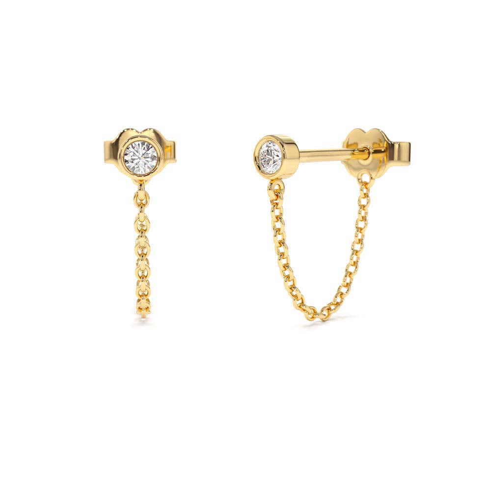 Bezel Setting Diamond Studs Chain Earrings in 14K Gold — view 1