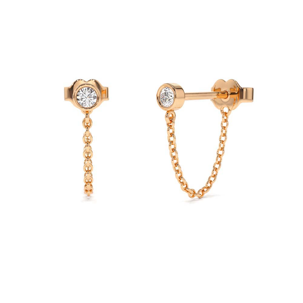 Bezel Setting Diamond Studs Chain Earrings in 14K Gold — view 4