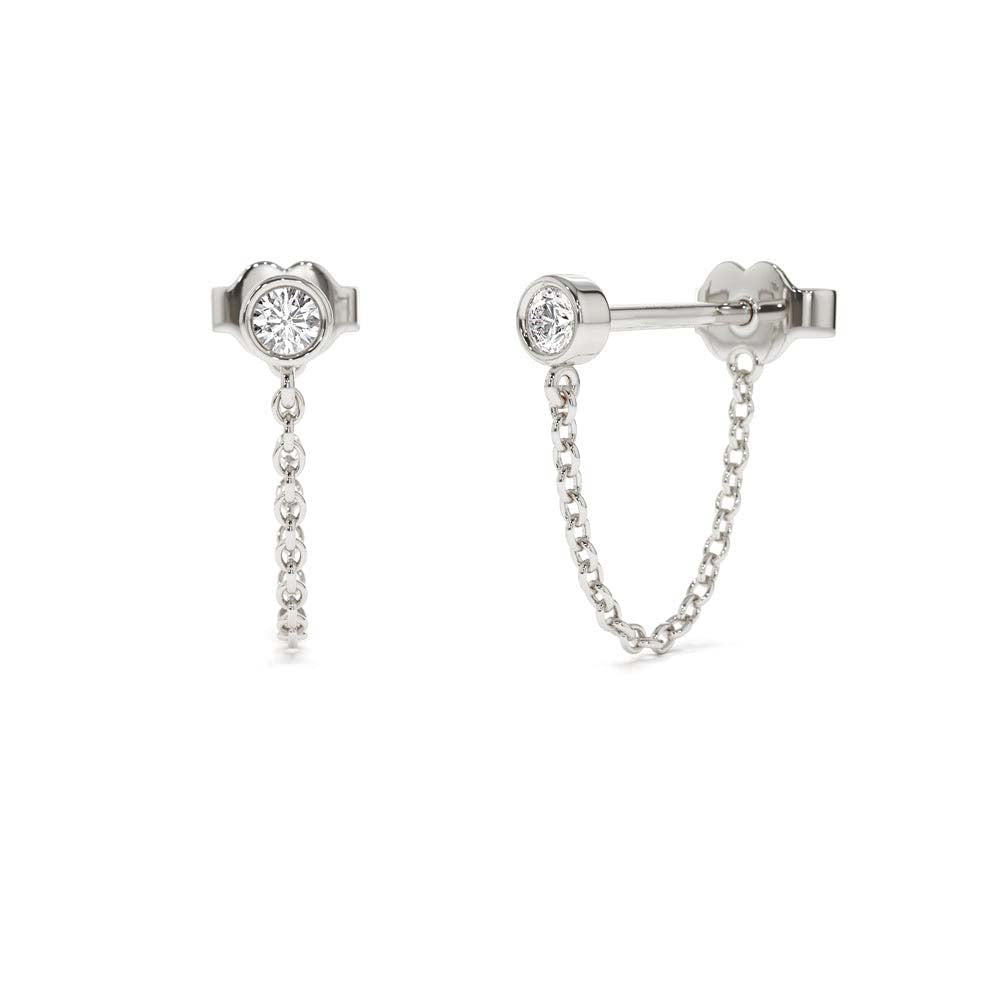 Bezel Setting Diamond Studs Chain Earrings in 14K Gold — view 3
