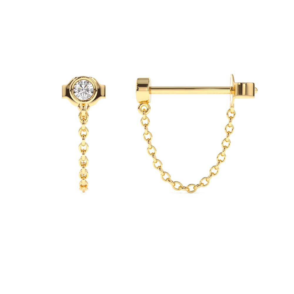 Bezel Setting Diamond Studs Chain Earrings in 14K Gold — view 2