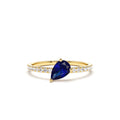 Slanted Pear Shape Sapphire Ring with Pave Diamonds in 14K Gold — view 1