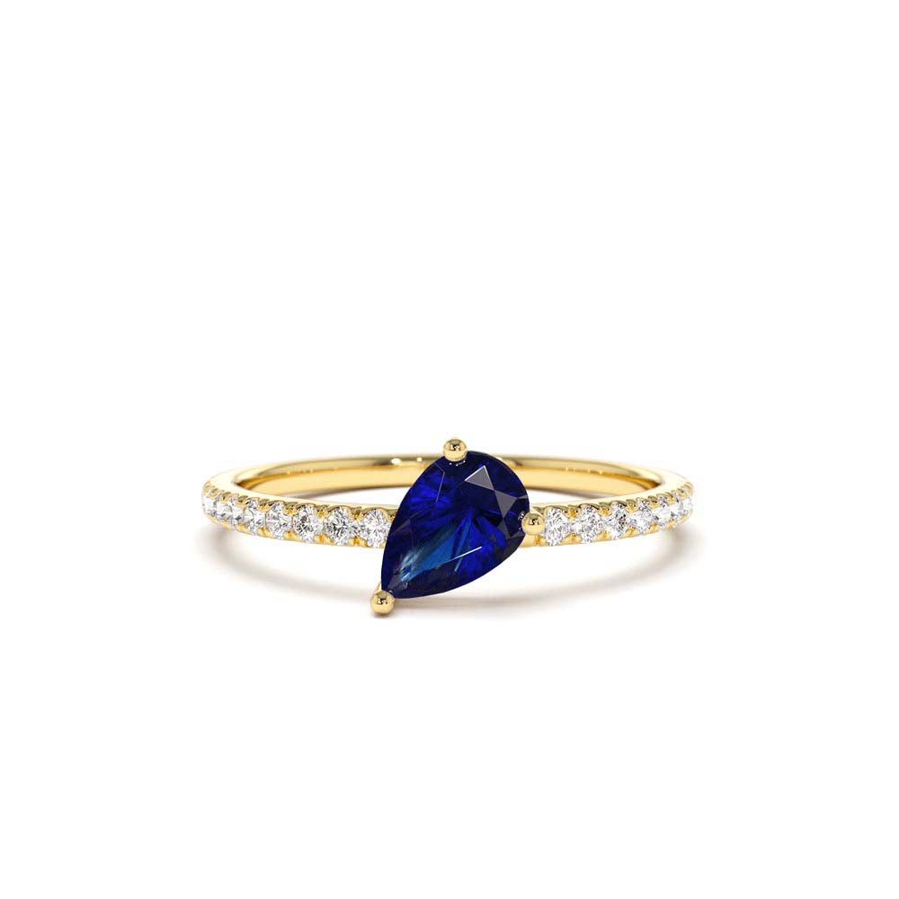 Slanted Pear Shape Sapphire Ring with Pave Diamonds in 14K Gold — view 1