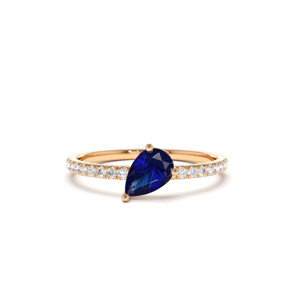 Slanted Pear Shape Sapphire Ring with Pave Diamonds in 14K Gold — view 4