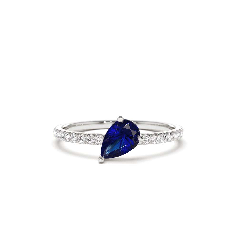 Slanted Pear Shape Sapphire Ring with Pave Diamonds in 14K Gold — view 3
