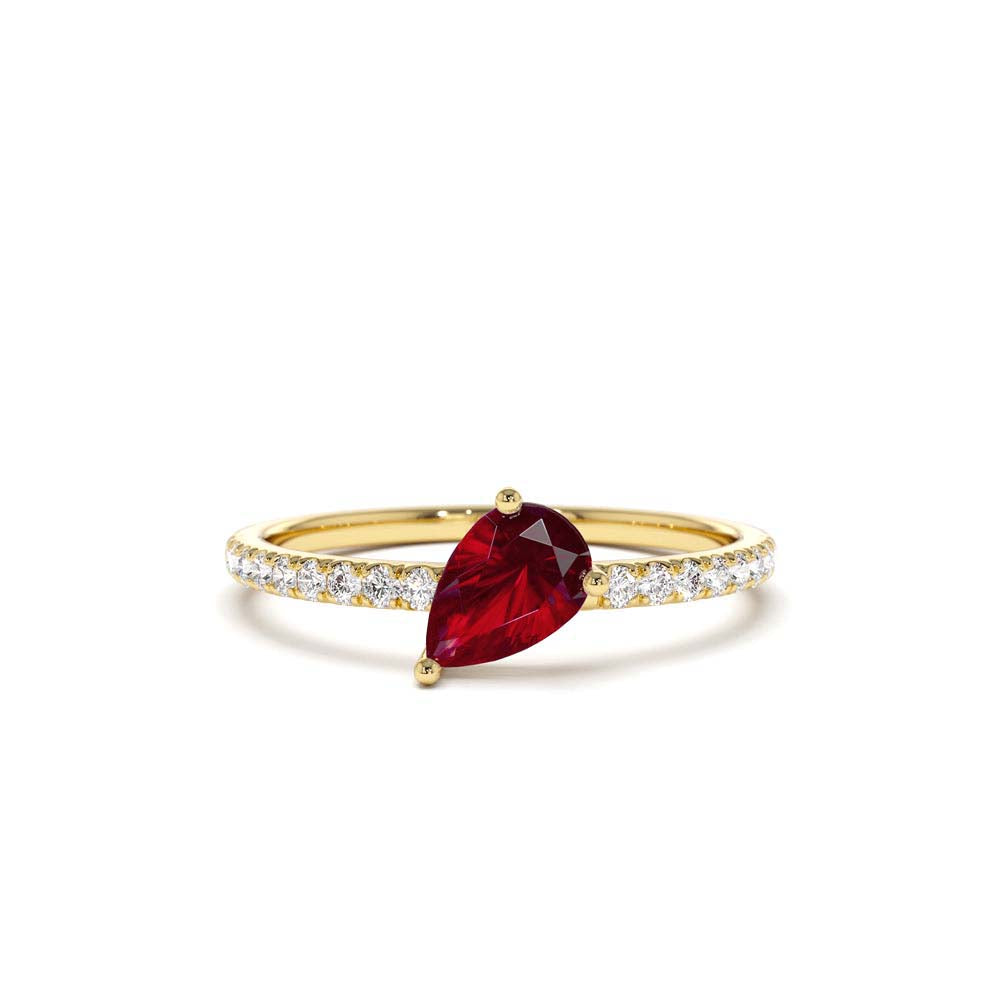 Slanted Pear Shape Ruby Ring with Pave Diamonds in 14K Gold — view 1