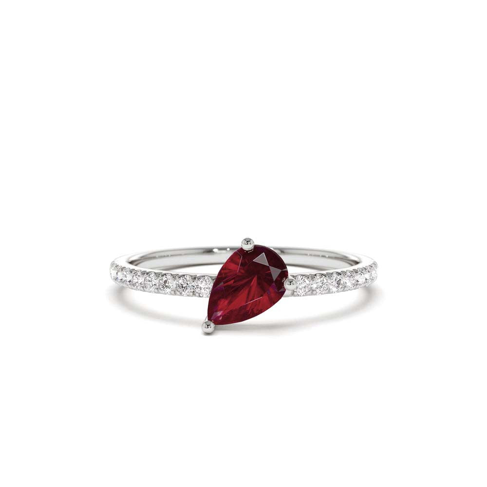 Slanted Pear Shape Ruby Ring with Pave Diamonds in 14K Gold — view 4
