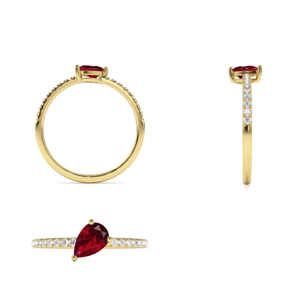 Slanted Pear Shape Ruby Ring with Pave Diamonds in 14K Gold — view 3