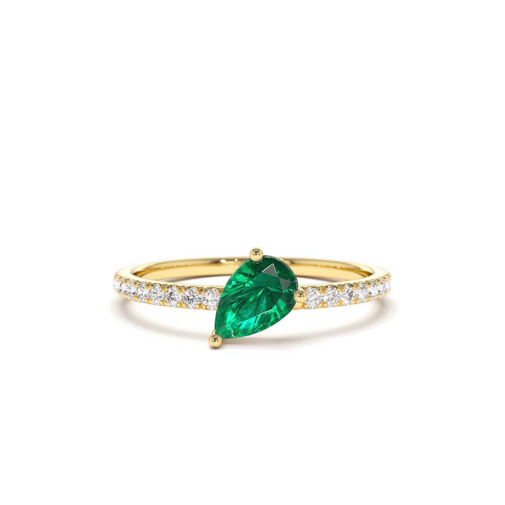 Slanted Pear Shape Emerald Ring with Pave Diamonds in 14K Gold — view 1