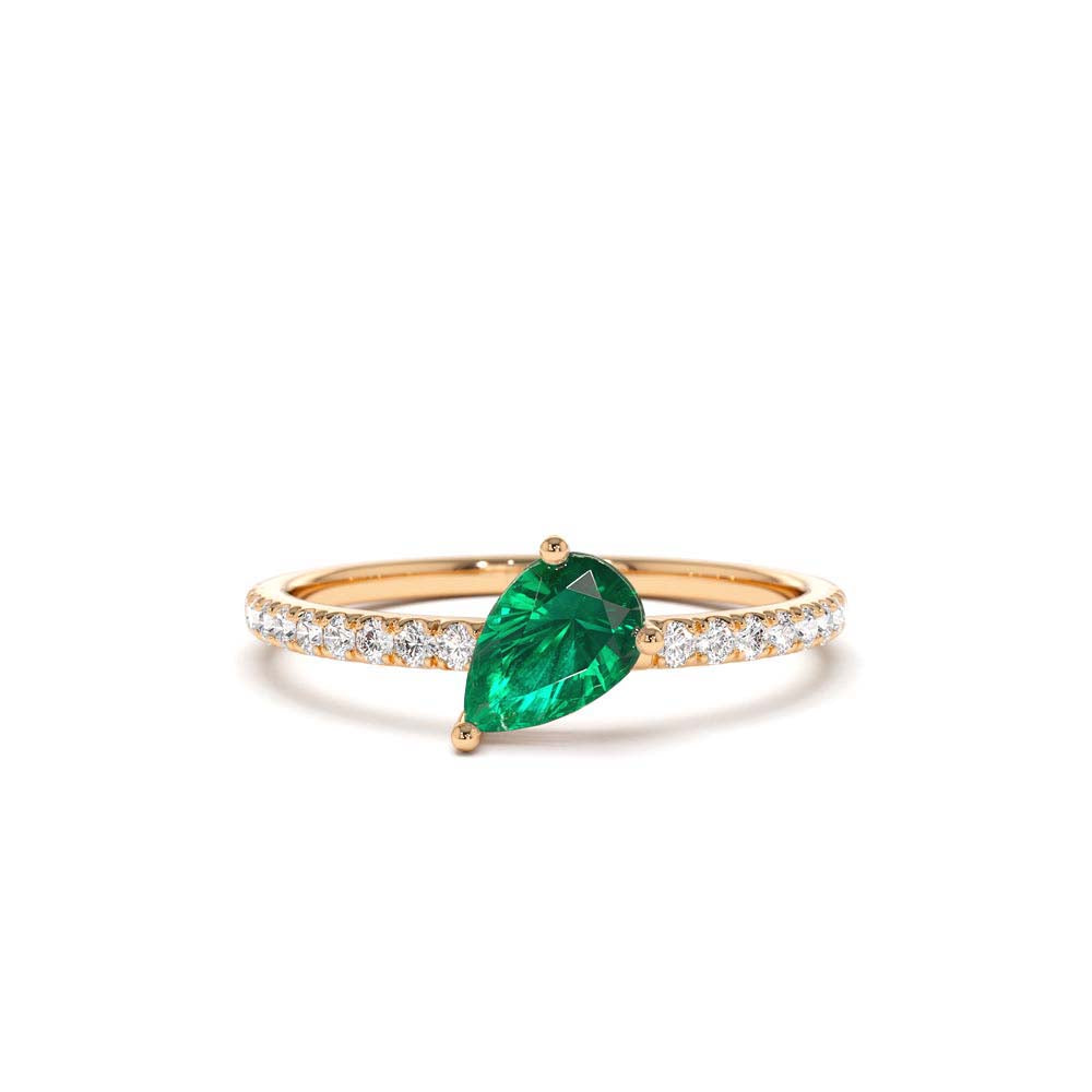 Slanted Pear Shape Emerald Ring with Pave Diamonds in 14K Gold — view 5