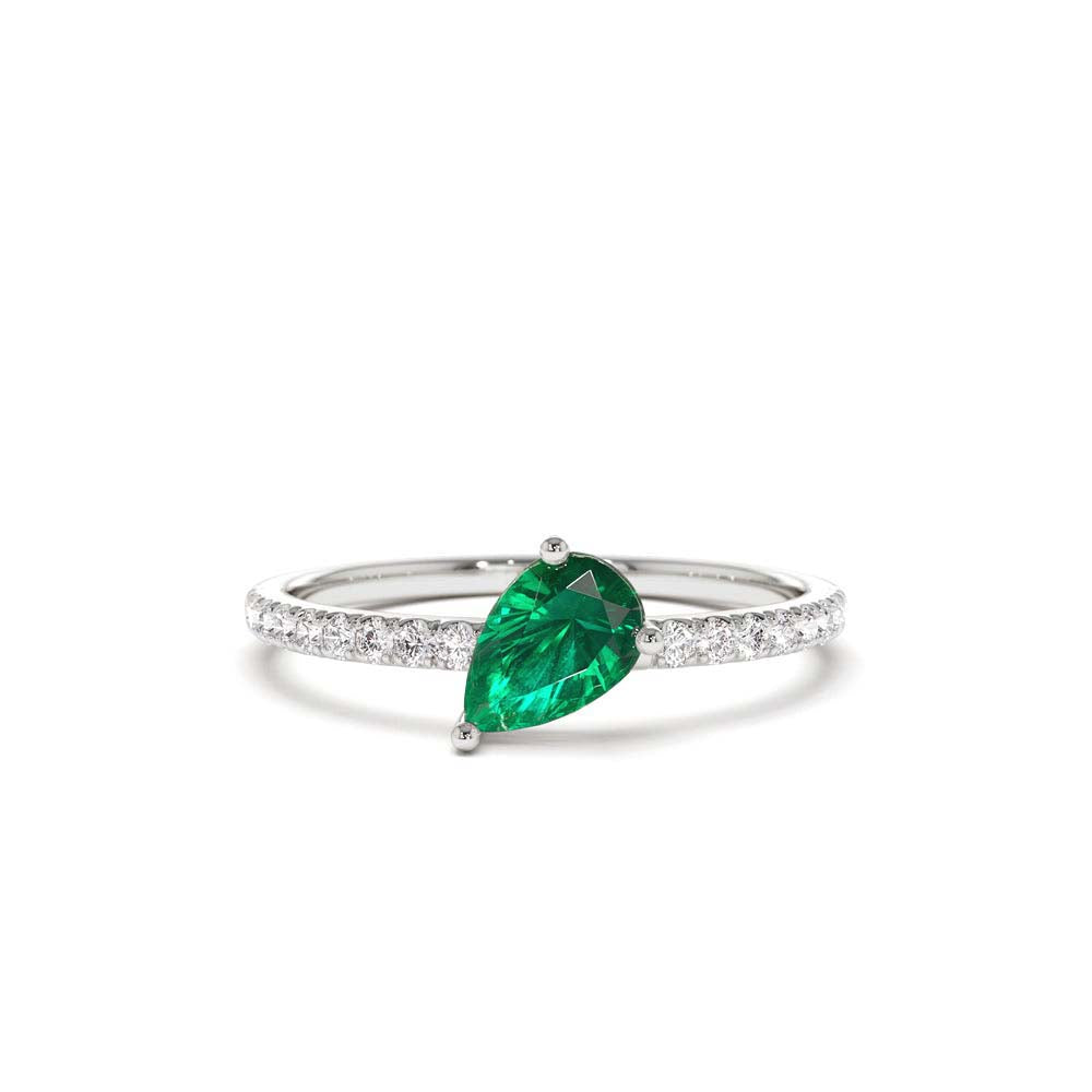 Slanted Pear Shape Emerald Ring with Pave Diamonds in 14K Gold — view 4
