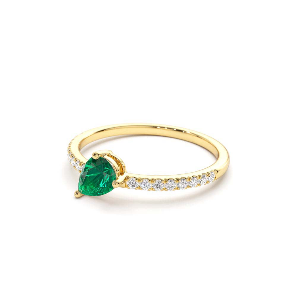 Slanted Pear Shape Emerald Ring with Pave Diamonds in 14K Gold — view 2