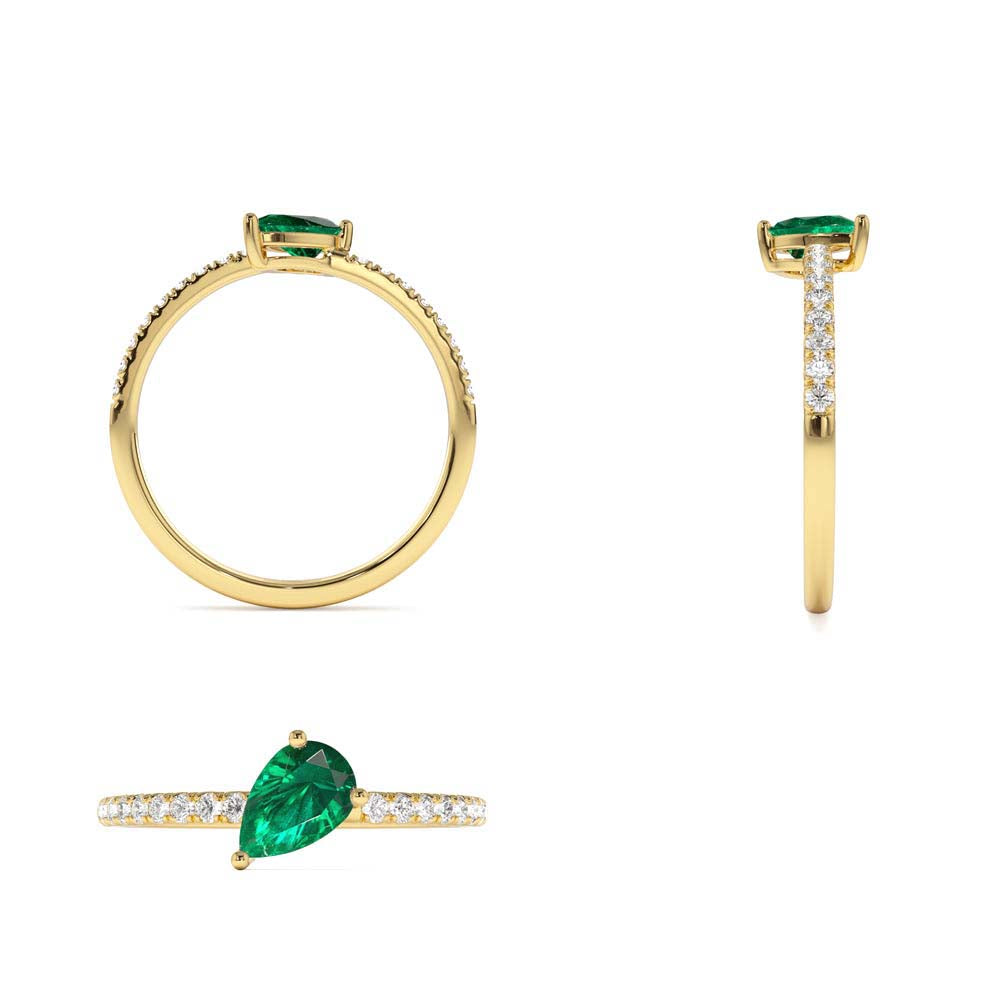 Slanted Pear Shape Emerald Ring with Pave Diamonds in 14K Gold — view 3