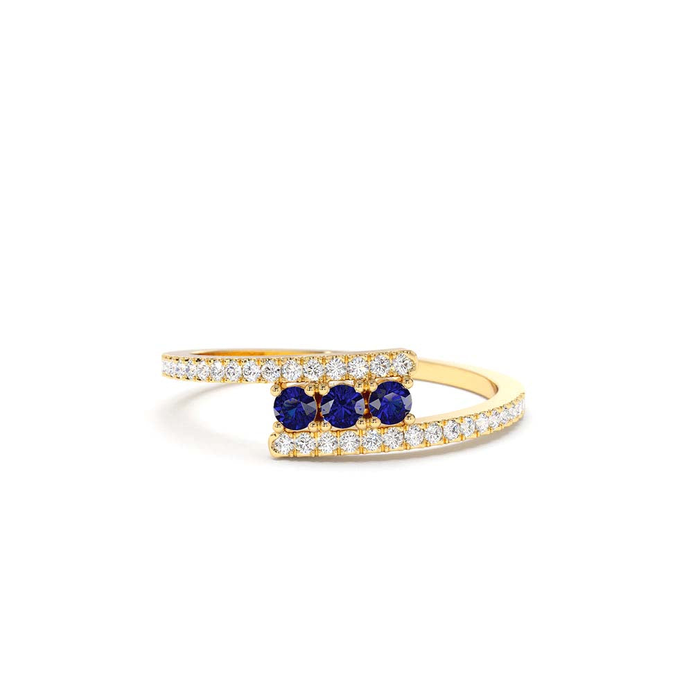 Cross Over Diamond Ring with Round Blue Sapphires in 14K Gold — view 1