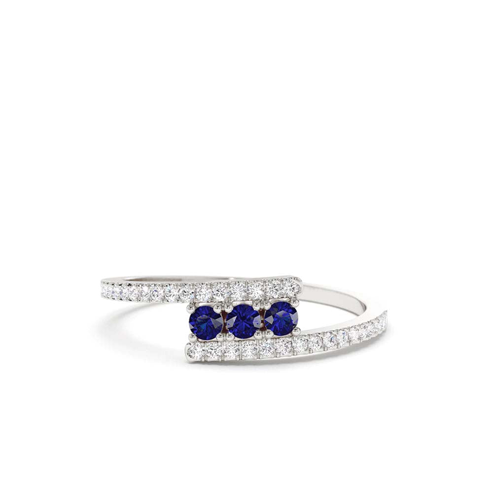 Cross Over Diamond Ring with Round Blue Sapphires in 14K Gold — view 2